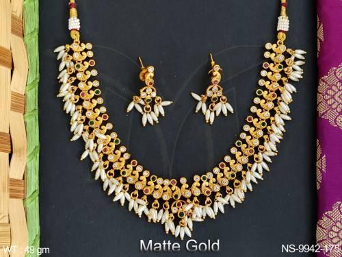 Matte Gold Polish Designer Fancy Design Party wear Beautiful Antique Short Necklace Set