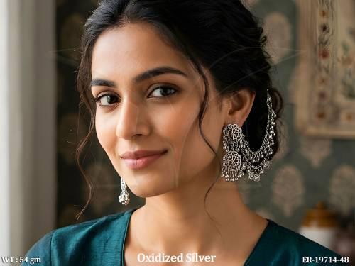 Oxidized Silver Kaan Chain Earrings Traditional Tribal Jewelry Set
