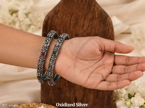 Antique Oxidized Silver Fancy Bangle Set with Stone Work
