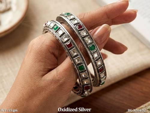 Oxidized Silver Multicolor Stone Bangle Set for Women