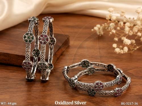 Oxidized Floral Stone Bangle Set for Women