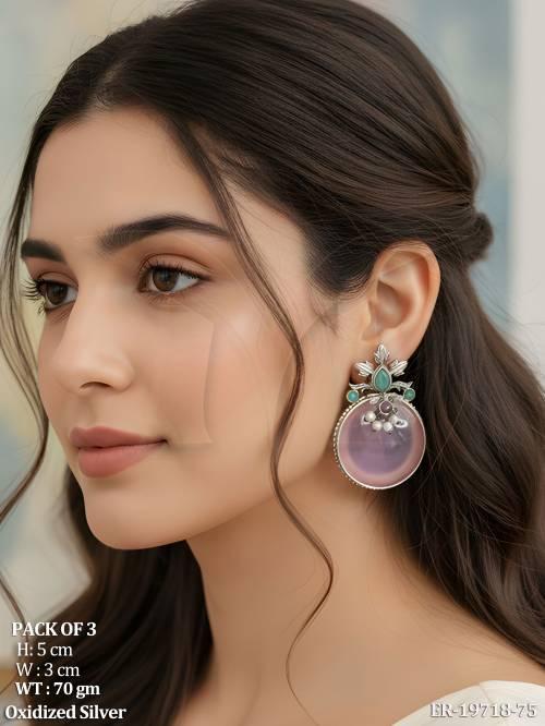 Oxidized Silver Pastel Stone Statement Earrings Combo Pack