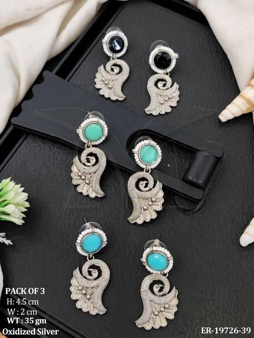 Elegant Stone Studded Oxidized Silver Dangler Earrings For Women