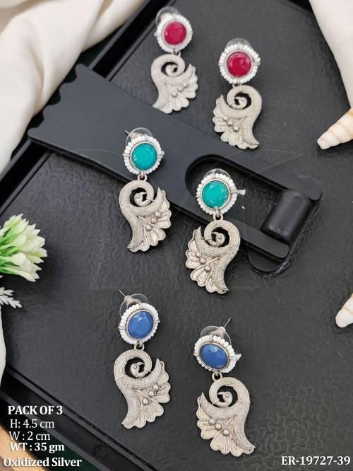 Traditional Peacock Oxidized Silver Earrings Combo Set With Color Stones