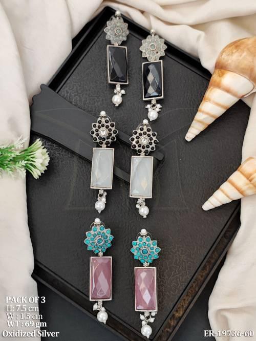 Traditional Oxidized Silver Long Drop Earrings Pack for Women