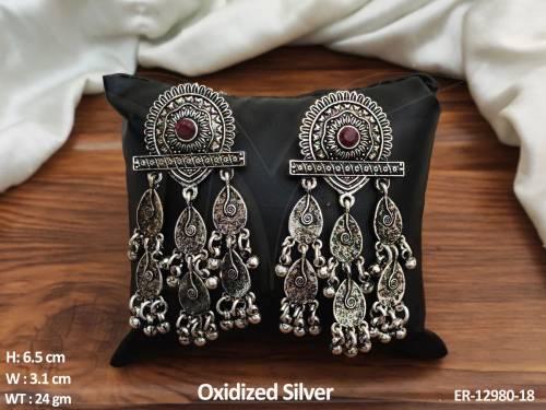 Oxidized Silver Polish Antique Style Fancy Design Long Earrings