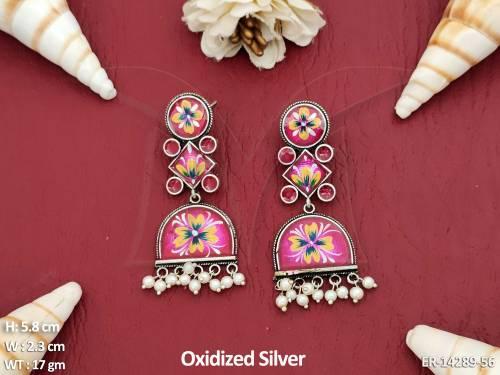 Oxidized Jewellery Oxidized Silver Polish Clusterpearls Meenakari Design Earrings 