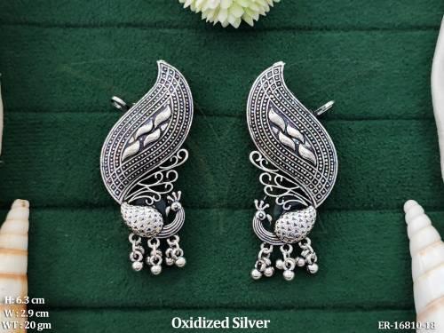 Oxidized Silver Peacock Design Dangle Earrings 