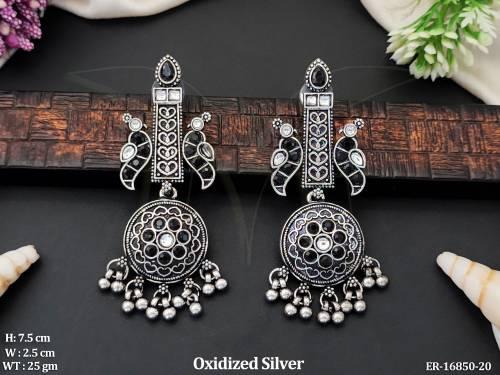 Tribal Oxidized Silver Earrings with Dangler Beads 