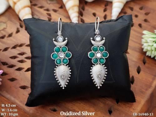 Oxidized Silver  Designer Full Stone Party Wear Earrings  