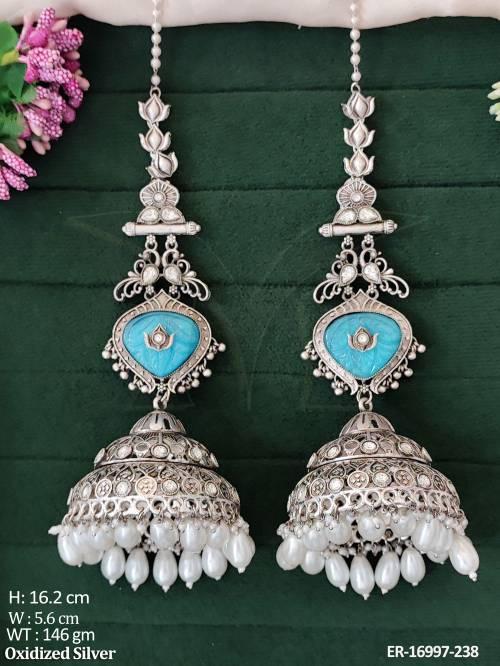 oxidized-silver-designer-full-stone-clustered-pearl-earrings-