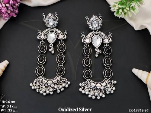 Long Oxidized Earrings with Black Stone Work 