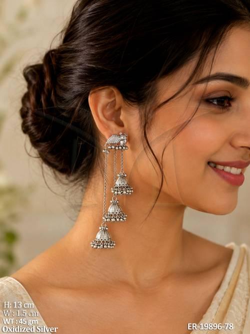 Oxidized Silver Long Jhumka Earrings for Women