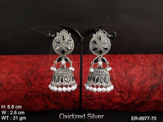 Antique Full stones Clustered Pearl Oxidized Silver Polish Fancy Style Designer Long Jhumka Earring