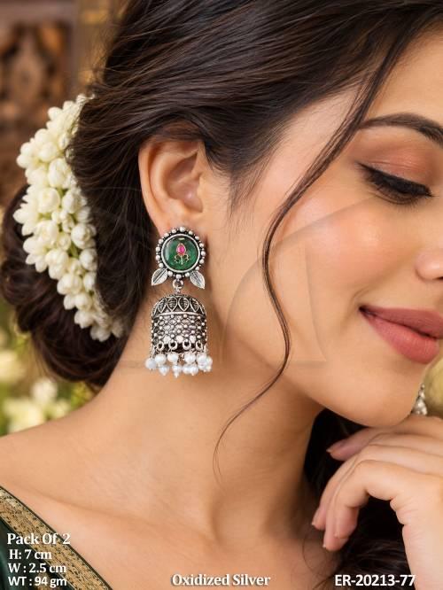 Oxidized Silver Full Stone Pearl Jhumka Earrings