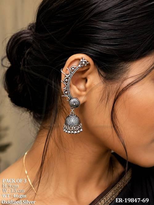 Traditional Oxidized Silver Long Ear Cuff Earrings
