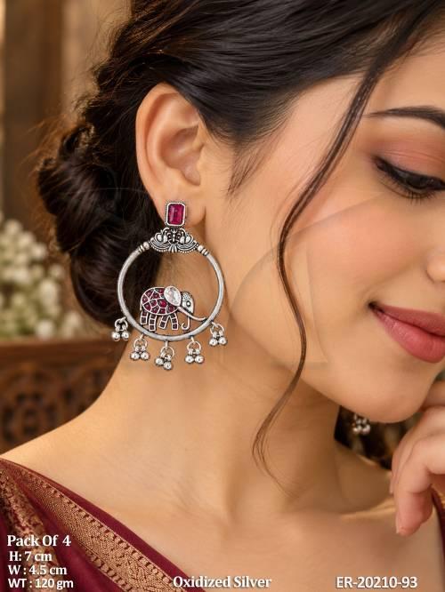 Fancy Oxidized Silver Elephant Earrings Pack of 4