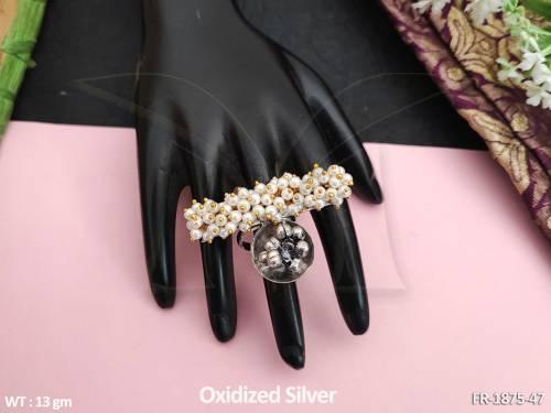 Oxidized Jewellery Beautiful Cluster Pearls Oxidized Silver Polish Party Wear Finger Ring