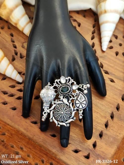 Tribal Oxidized Silver Multi  Motif Finger Ring  — FR-3326-12