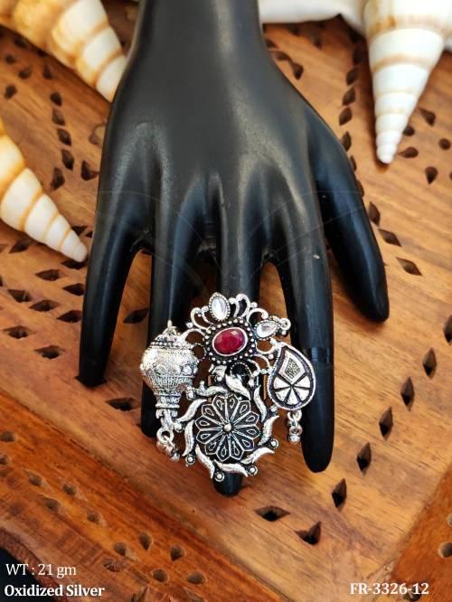 Tribal Oxidized Silver Multi  Motif Finger Ring  — FR-3326-12