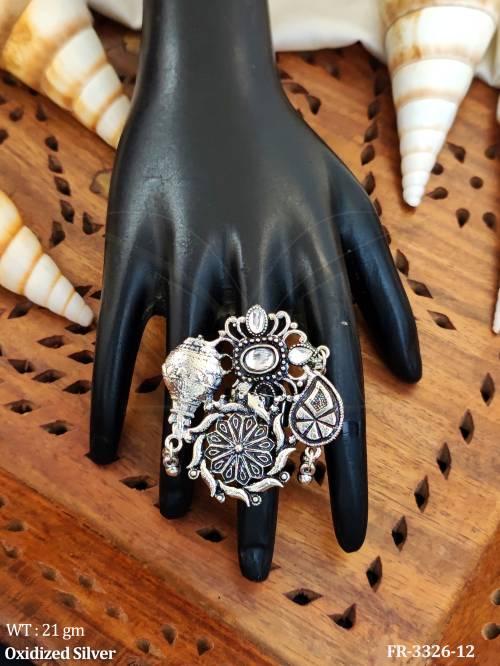 Tribal Oxidized Silver Multi  Motif Finger Ring  — FR-3326-12