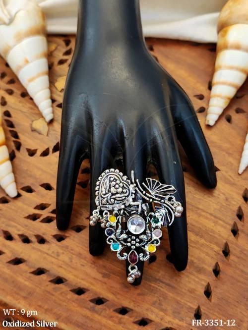 Oxidized Silver Finger Ring with Leaf Heart Design   — FR-3351-12