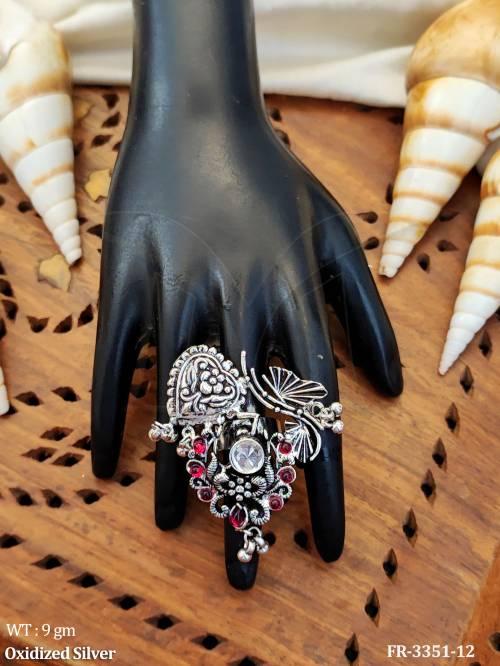 Oxidized Silver Finger Ring with Leaf Heart Design   — FR-3351-12