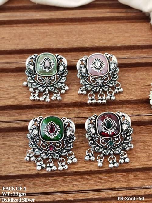 Oxidized Silver Vintage Stone Finger Ring Set Pack of 4
