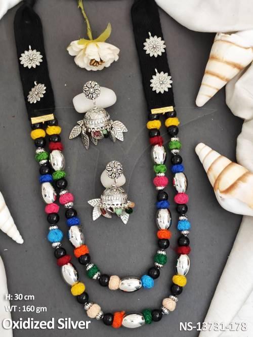 North Style Fancy Design Oxidized Silver Polish Designer Wear Oxidized Long Necklace Set