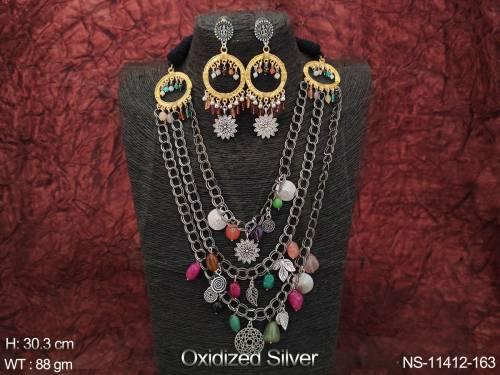 Antique Style Oxidised Silver Polish Fancy Design Party wear Oxidised Long Necklace Set