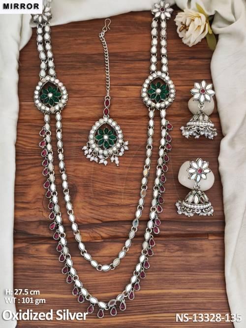 Oxidized Jewellery Clusterpearls Fancy Design Long Necklace Set