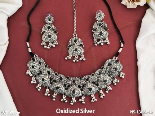 Fancy Style Party wear Oxidised Silver Polish Oxidised Jewellery choker style Short Necklace Set 