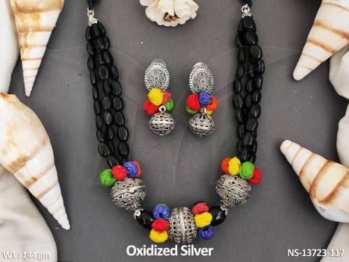 Antique Style Fancy Design Party wear Beautiful Oxidised Silver Polish Beaded Oxidised Necklace Set     