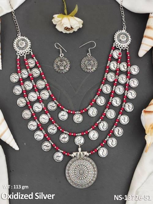3 Layer Oxidised Silver Polish Fancy Design Party wear Beautiful Long Oxidised Silver Necklace Set 