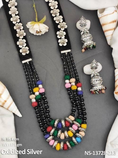 Oxidised Silver Polish Fancy Design Party wear Long Beaded Oxidised Necklace Set