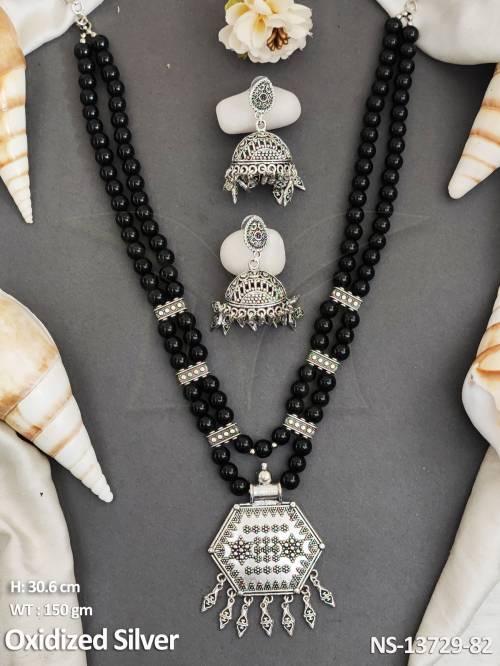 Designer Antique Fancy Style Party wear Oxidised Silver Polish Designer Long Oxidised Necklace Set