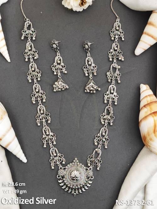 Oxidised Silver Polish Fancy Style Party wear Beautiful Antique Style Long Oxidised Necklace Set 
