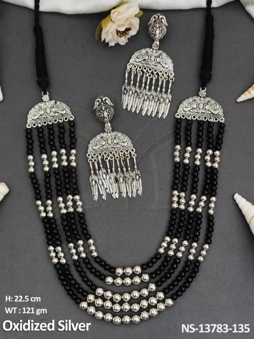 Designer Fancy Style Party wear Beautiful Oxidised Silver Polish Ethnic Beaded Oxidised 5 Layer Long Necklace Set 