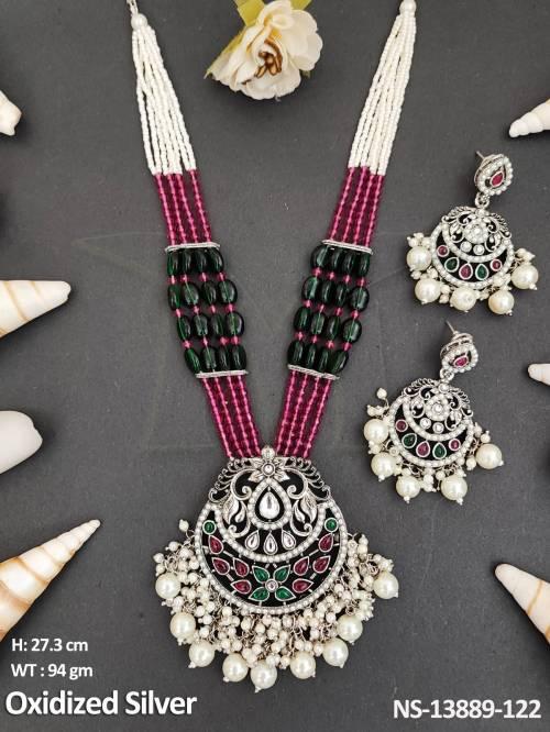 Clustered Pearl Oxidized Silver Polish Fancy Design Oxidized Necklace Set