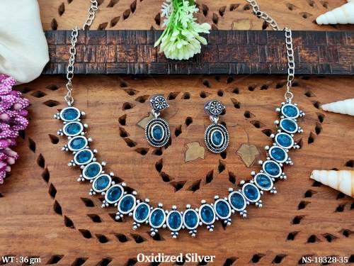 Oxidized Silver Full Stone Fancy Style Short Necklace Set  