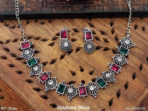Oxidized Silver Designer Full Stone Short Necklace Set  