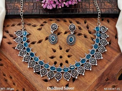 Oxidized Silver Full Stone Designer Short Necklace Set   