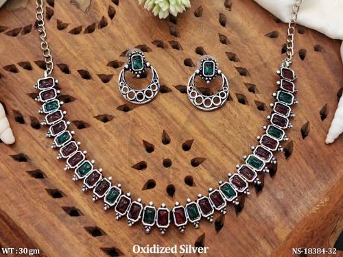 Oxidized Silver Full Stone Design Party Wear Necklace Set   