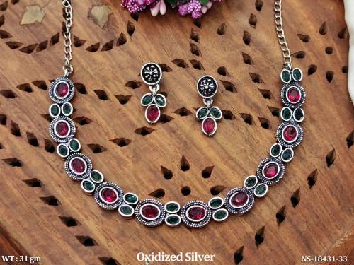 Oxidized Silver Full Stone Fancy Style Necklace Set   