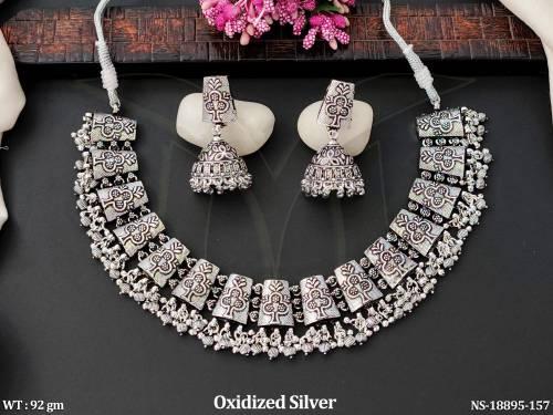 Oxidized Jewellery Designer Silver Short Necklace Set