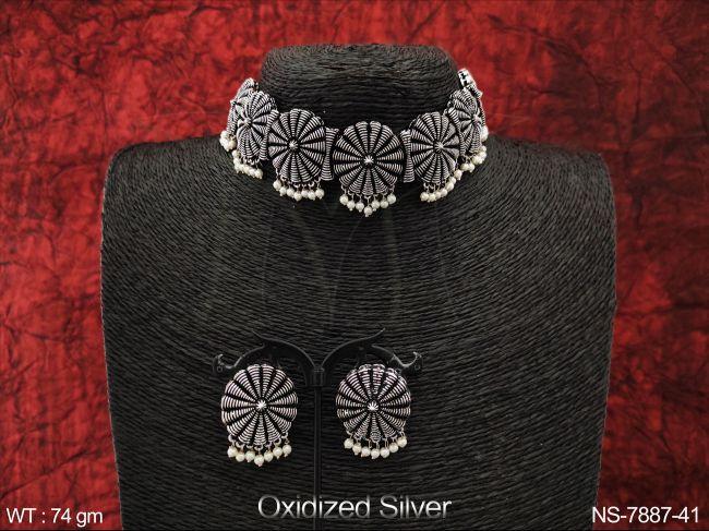 Beautiful Design Clustered Pearl Oxidized Silver Polish Party wear Fancy Style Choker Necklace Set