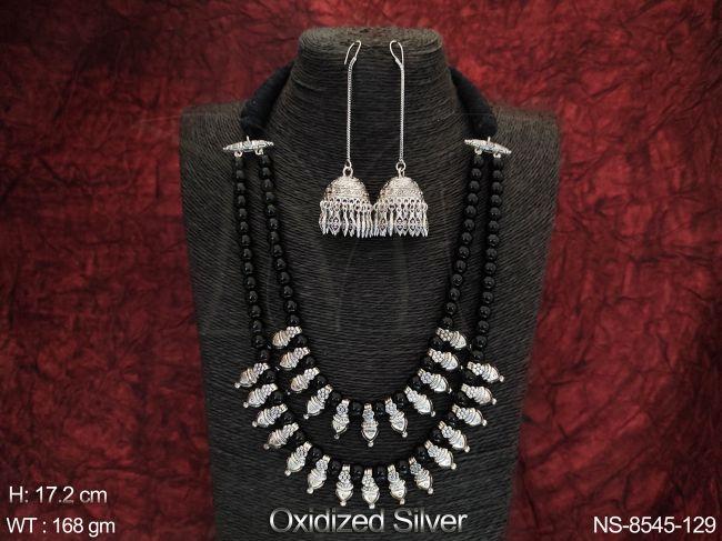 Designer Fancy Style Party wear Long Oxidised Silver Necklace Set