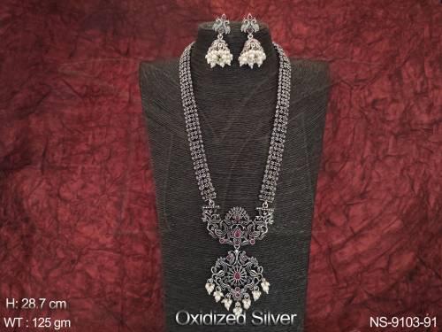 Beautiful Oxidised Silver Polish Designer Fancy Style Long Necklace Set