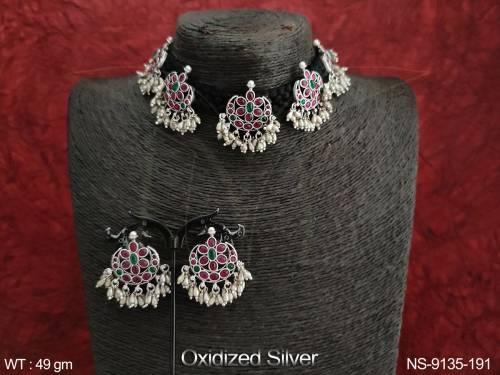 Oxidised Silver Fancy Design Full Stones Party wear Designer Necklace Set