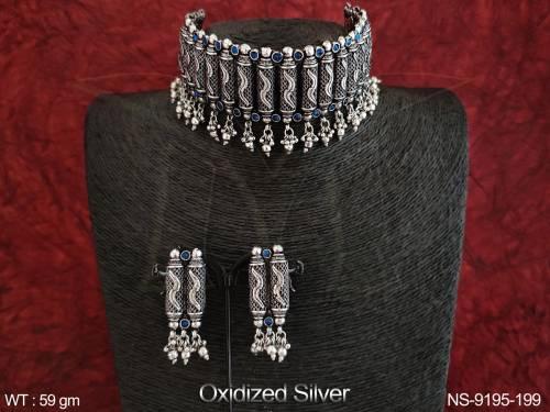 Beautiful Fancy Style Design Party wear Beautiful Oxidised Silver Choker Necklace Set